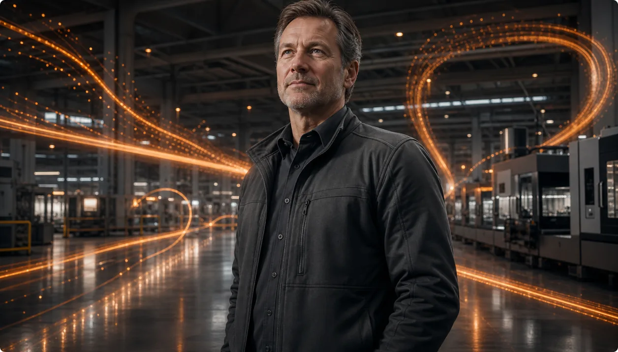 Instandhalter in einer Werkshalle, Lichtspuren zeichnen den Materialfluss nach
